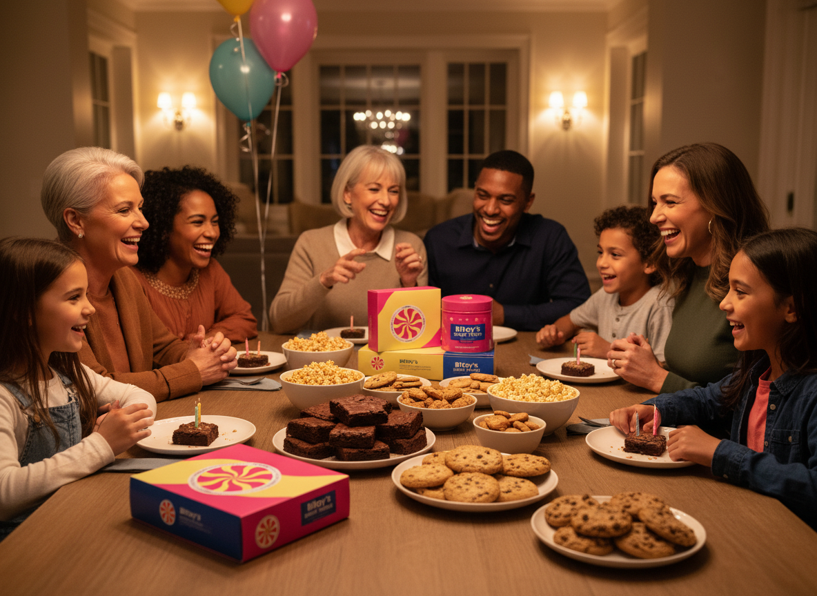 Multigenerational family laughing together with Bitoy's treat packaging