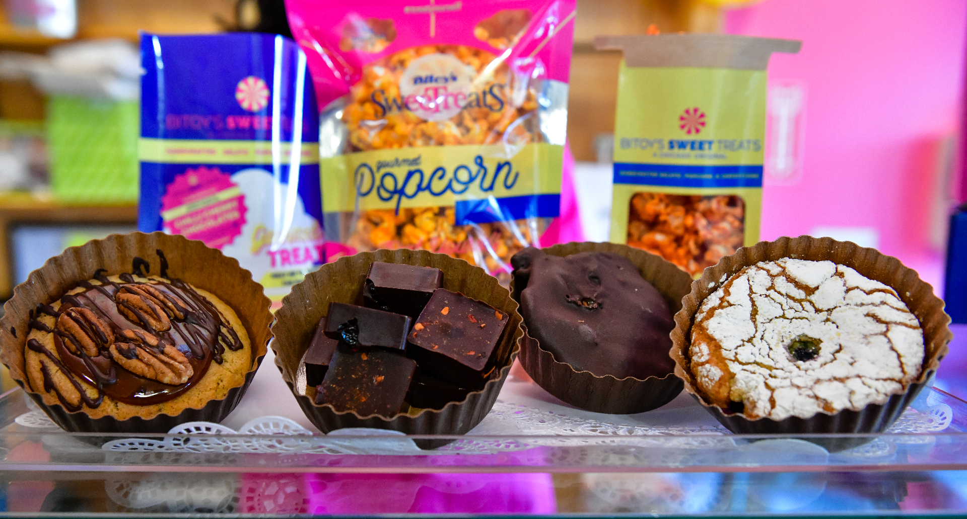 Bitoy's Sweet Treats spread of brownies, cookies, and gourmet popcorn